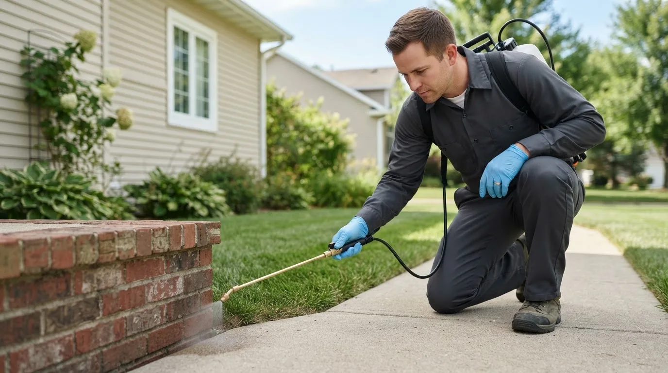Pest control technician treating a home near Kingsland, AR