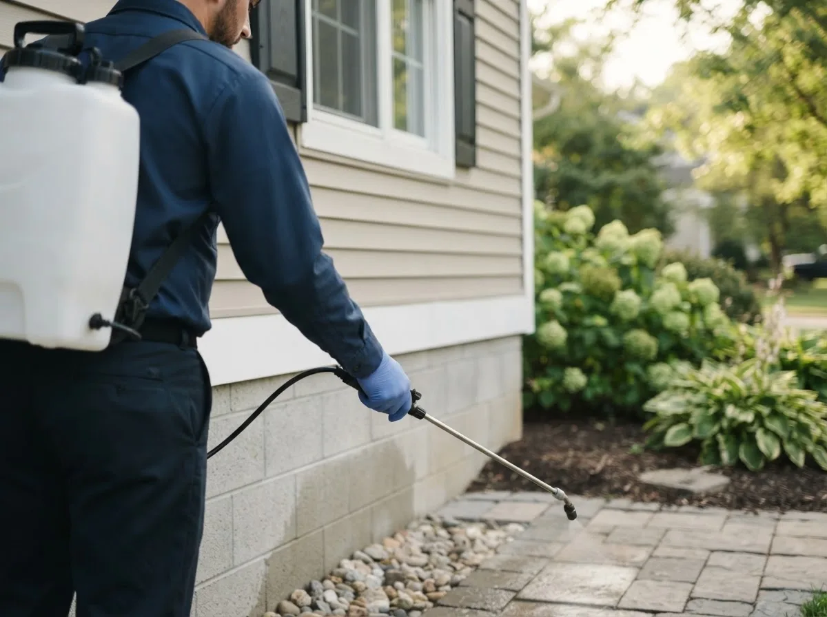 Pest control technician inspecting a home in Kingsland, AR